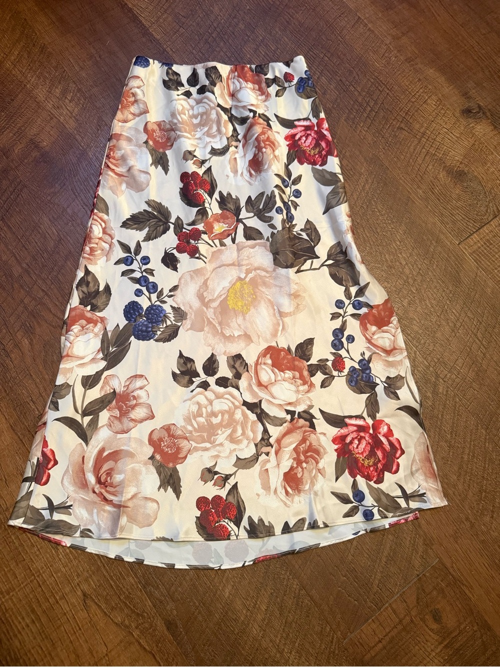 Floral Midi Skirt in Cream with Pink & Red Blooms
